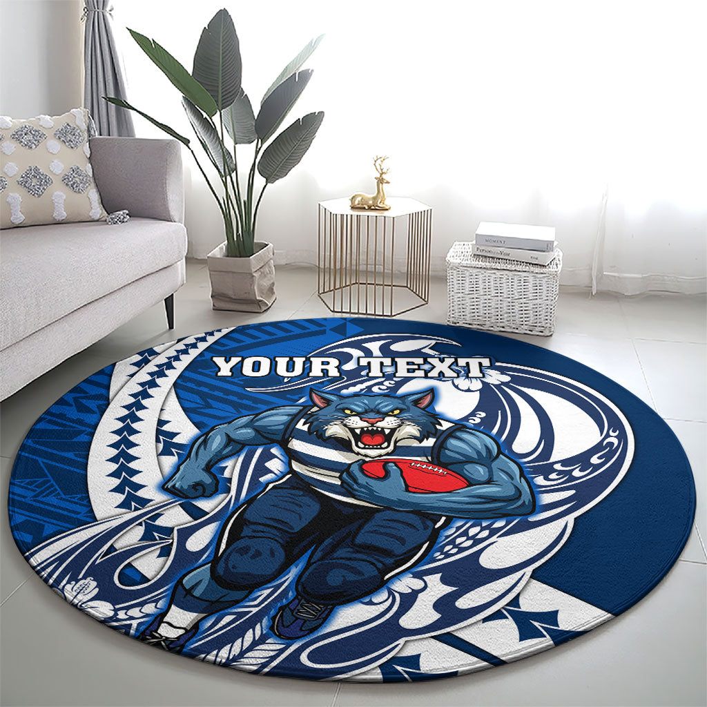 Personalized Geelong Cats Round Carpet Polynesian Tribal Cat Mascot With Hibiscus Floral Art