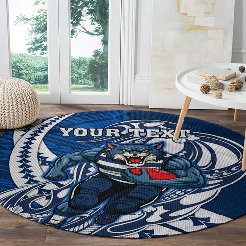 Personalized Geelong Cats Round Carpet Polynesian Tribal Cat Mascot With Hibiscus Floral Art