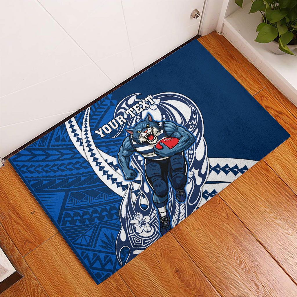 Personalized Geelong Cats Rubber Doormat Polynesian Tribal Cat Mascot With Hibiscus Floral Art