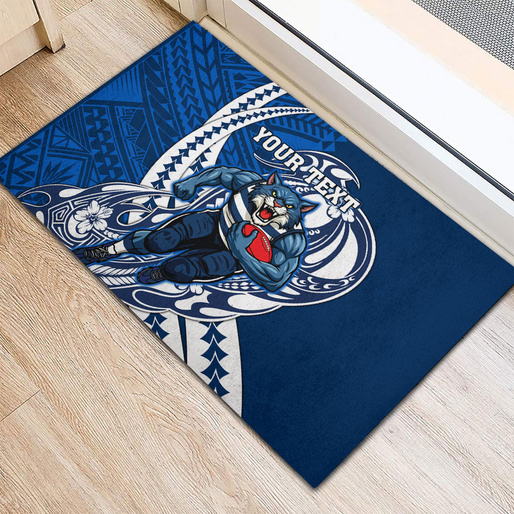 Personalized Geelong Cats Rubber Doormat Polynesian Tribal Cat Mascot With Hibiscus Floral Art