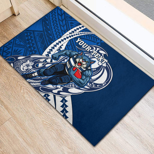 Personalized Geelong Cats Rubber Doormat Polynesian Tribal Cat Mascot With Hibiscus Floral Art