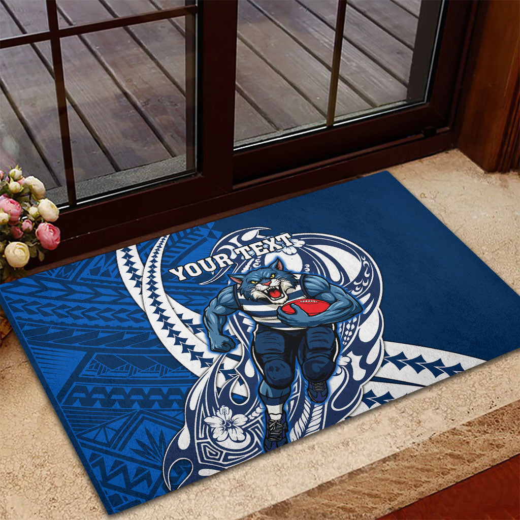 Personalized Geelong Cats Rubber Doormat Polynesian Tribal Cat Mascot With Hibiscus Floral Art