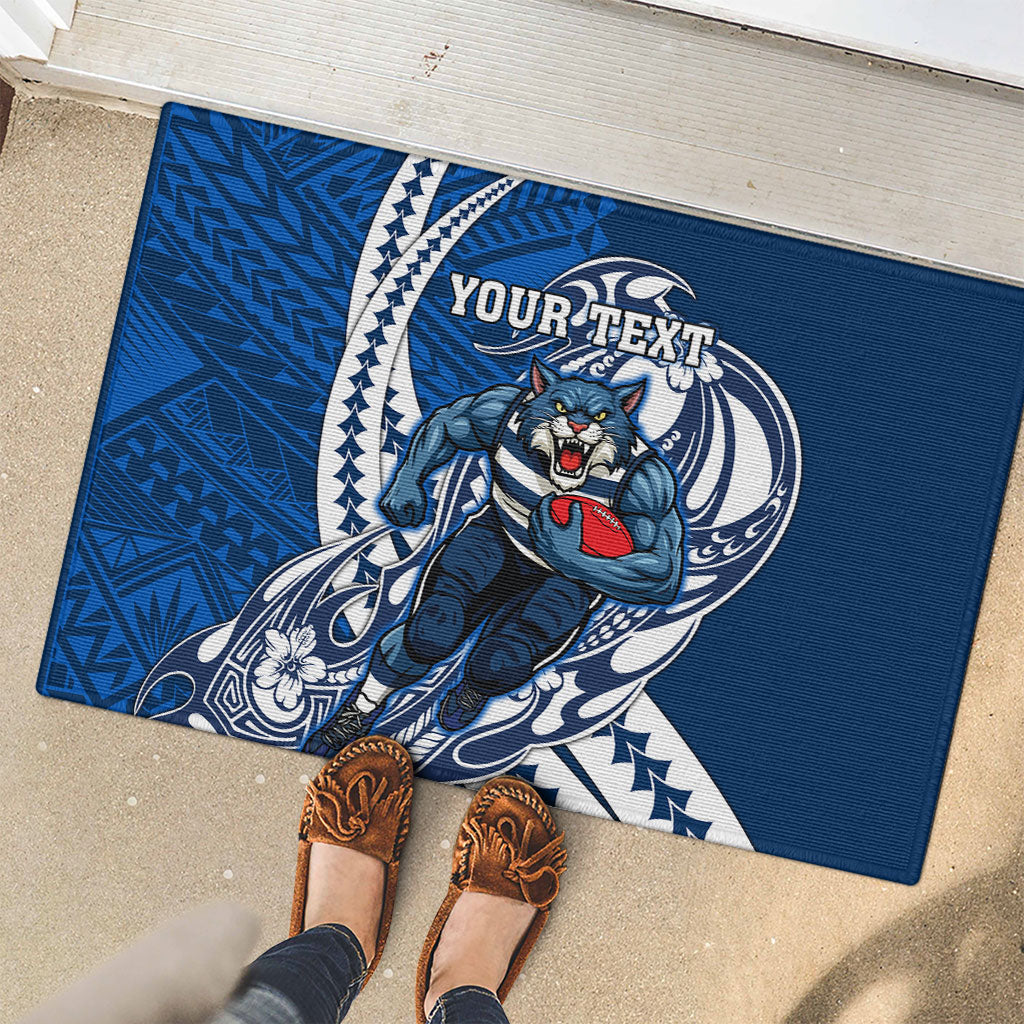 Personalized Geelong Cats Rubber Doormat Polynesian Tribal Cat Mascot With Hibiscus Floral Art