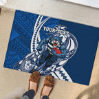 Personalized Geelong Cats Rubber Doormat Polynesian Tribal Cat Mascot With Hibiscus Floral Art