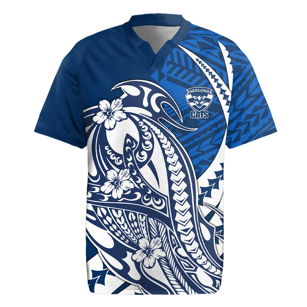 Personalized Geelong Cats Rugby Jersey Polynesian Tribal Cat Mascot With Hibiscus Floral Art