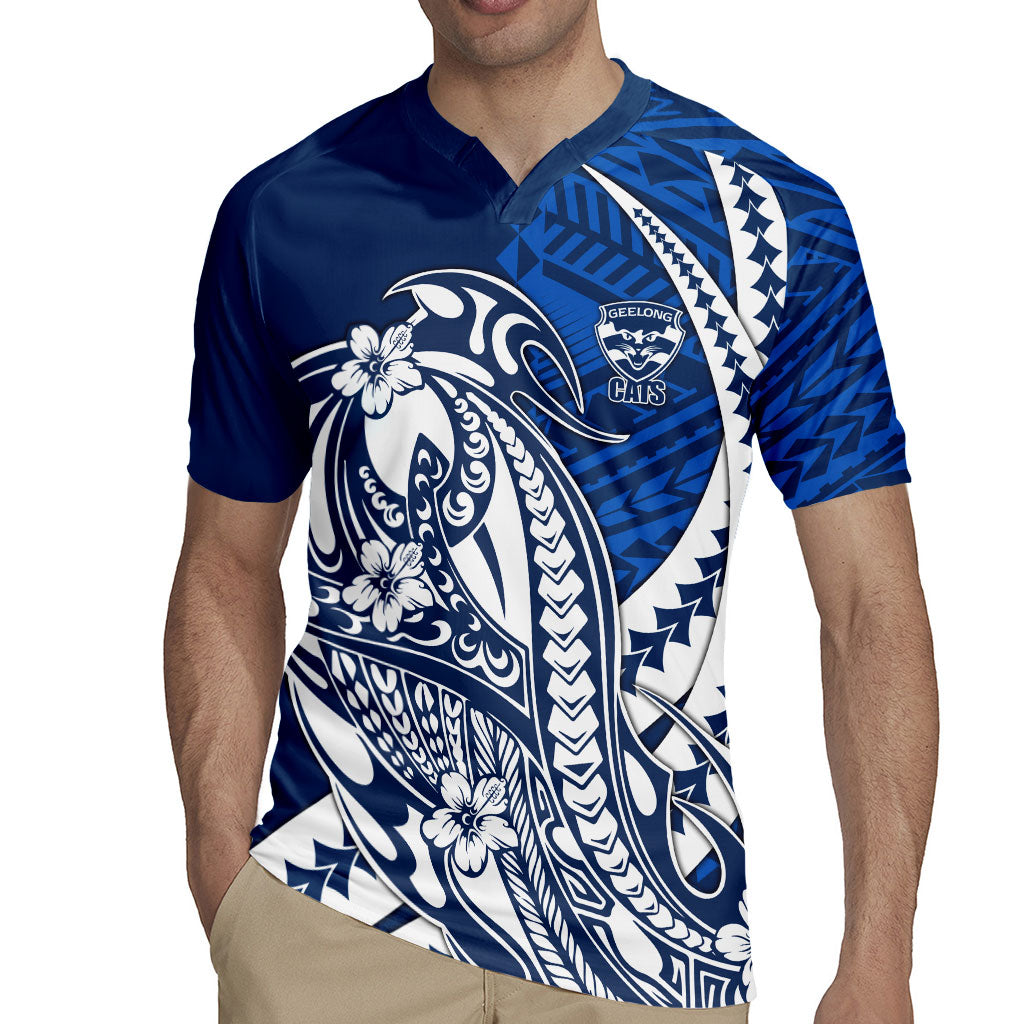 Personalized Geelong Cats Rugby Jersey Polynesian Tribal Cat Mascot With Hibiscus Floral Art