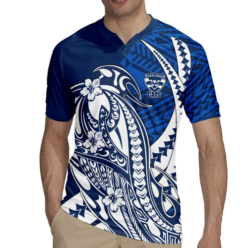 Personalized Geelong Cats Rugby Jersey Polynesian Tribal Cat Mascot With Hibiscus Floral Art