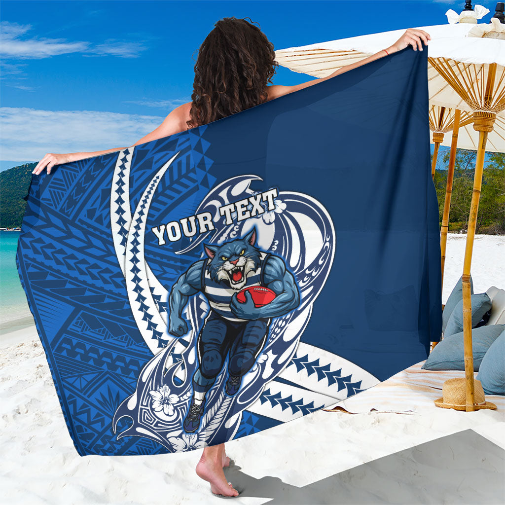 Personalized Geelong Cats Sarong Polynesian Tribal Cat Mascot With Hibiscus Floral Art