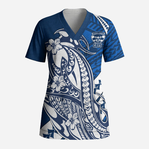 Personalized Geelong Cats Scrub Top Polynesian Tribal Cat Mascot With Hibiscus Floral Art