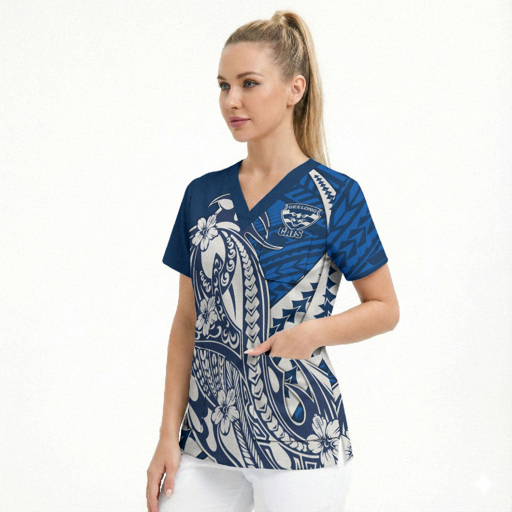 Personalized Geelong Cats Scrub Top Polynesian Tribal Cat Mascot With Hibiscus Floral Art