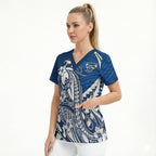 Personalized Geelong Cats Scrub Top Polynesian Tribal Cat Mascot With Hibiscus Floral Art