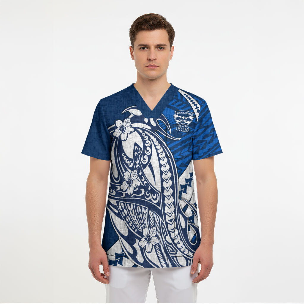 Personalized Geelong Cats Scrub Top Polynesian Tribal Cat Mascot With Hibiscus Floral Art