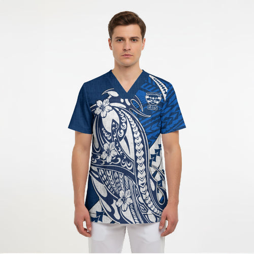 Personalized Geelong Cats Scrub Top Polynesian Tribal Cat Mascot With Hibiscus Floral Art
