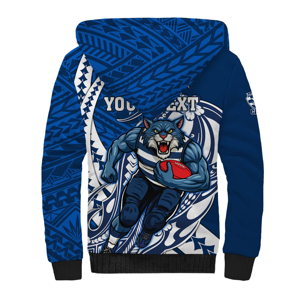 Personalized Geelong Cats Sherpa Hoodie Polynesian Tribal Cat Mascot With Hibiscus Floral Art