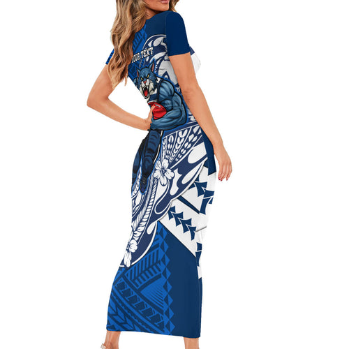 Personalized Geelong Cats Short Sleeve Bodycon Dress Polynesian Tribal Cat Mascot With Hibiscus Floral Art