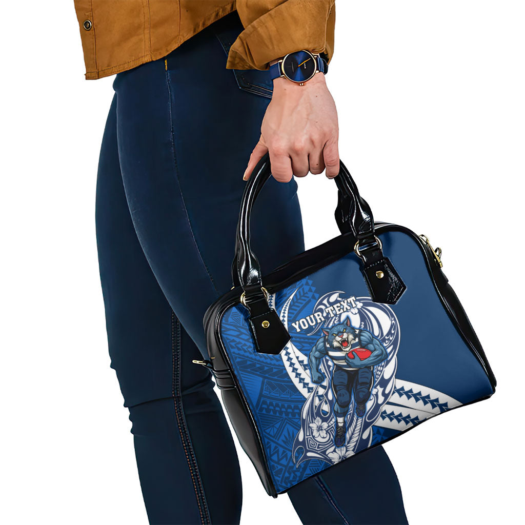 Personalized Geelong Cats Shoulder Handbag Polynesian Tribal Cat Mascot With Hibiscus Floral Art