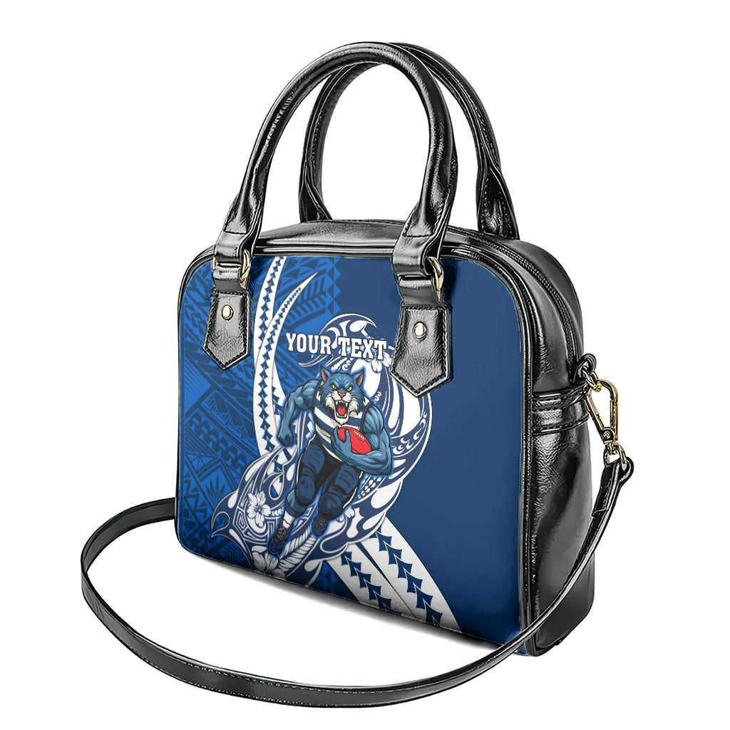 Personalized Geelong Cats Shoulder Handbag Polynesian Tribal Cat Mascot With Hibiscus Floral Art