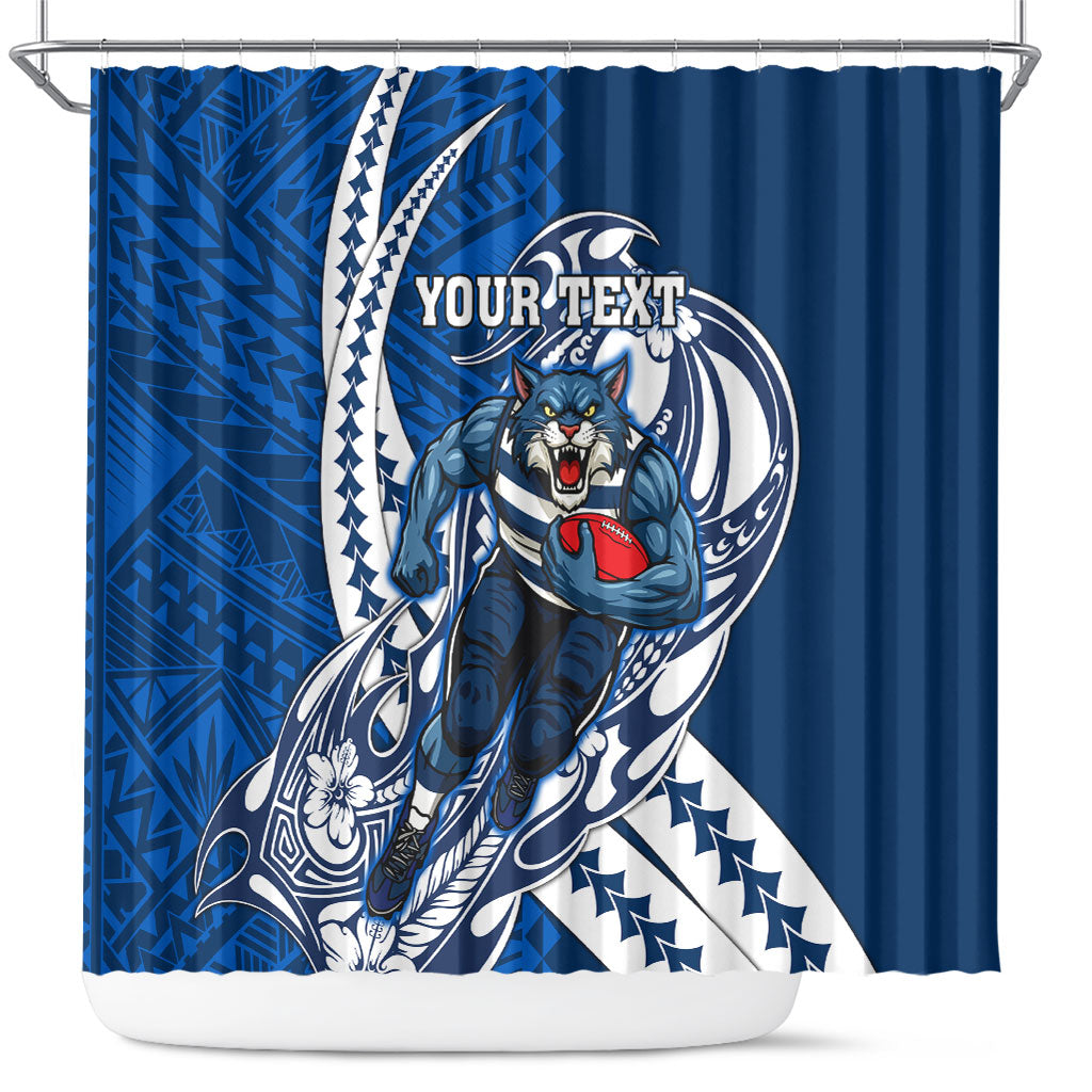 Personalized Geelong Cats Shower Curtain Polynesian Tribal Cat Mascot With Hibiscus Floral Art