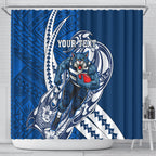 Personalized Geelong Cats Shower Curtain Polynesian Tribal Cat Mascot With Hibiscus Floral Art