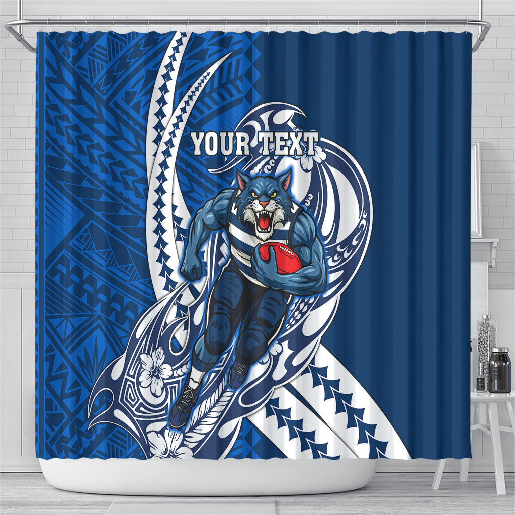 Personalized Geelong Cats Shower Curtain Polynesian Tribal Cat Mascot With Hibiscus Floral Art