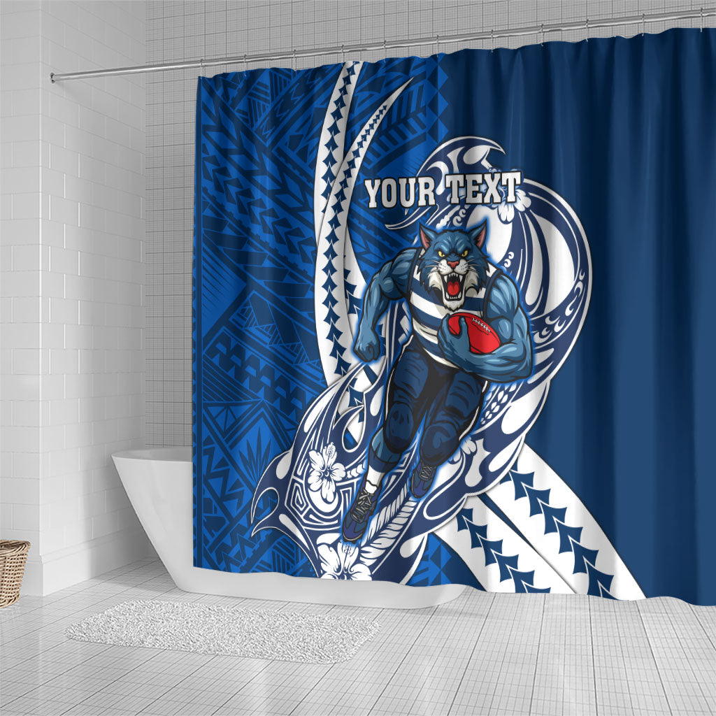 Personalized Geelong Cats Shower Curtain Polynesian Tribal Cat Mascot With Hibiscus Floral Art