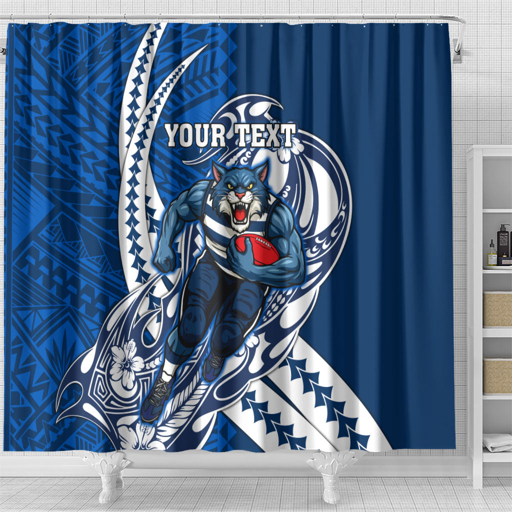 Personalized Geelong Cats Shower Curtain Polynesian Tribal Cat Mascot With Hibiscus Floral Art