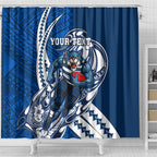Personalized Geelong Cats Shower Curtain Polynesian Tribal Cat Mascot With Hibiscus Floral Art