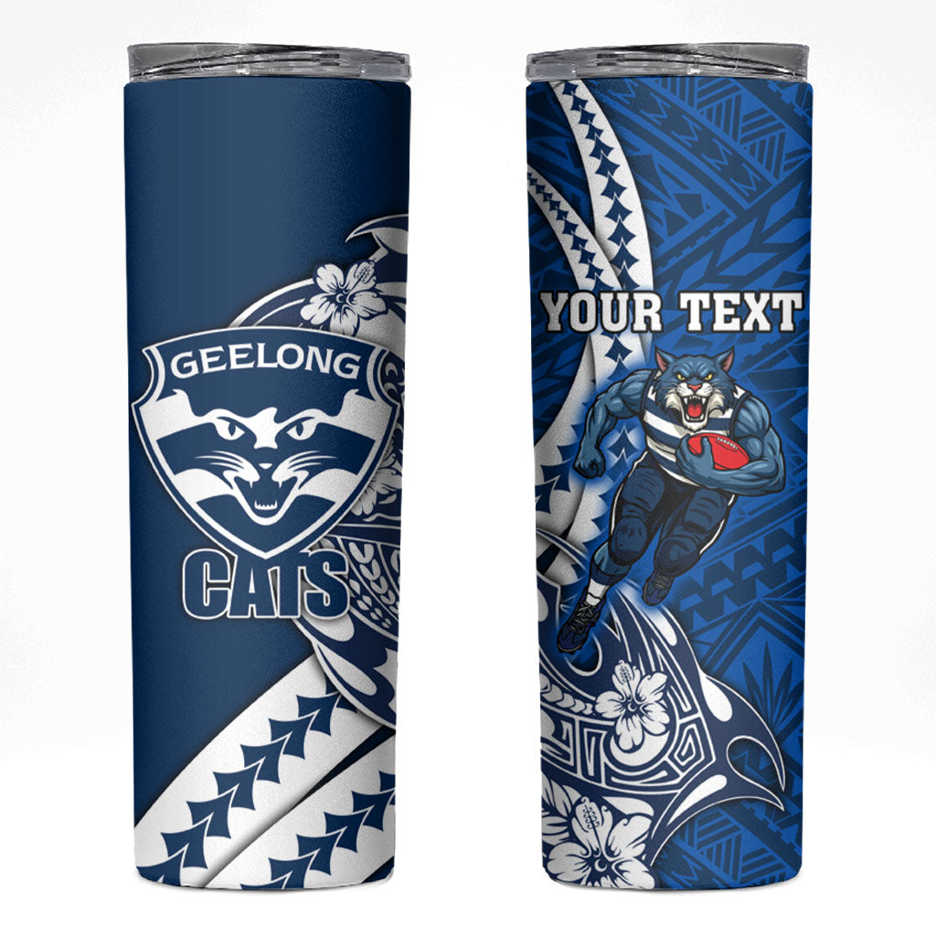 Personalized Geelong Cats Skinny Tumbler Polynesian Tribal Cat Mascot With Hibiscus Floral Art