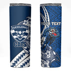 Personalized Geelong Cats Skinny Tumbler Polynesian Tribal Cat Mascot With Hibiscus Floral Art