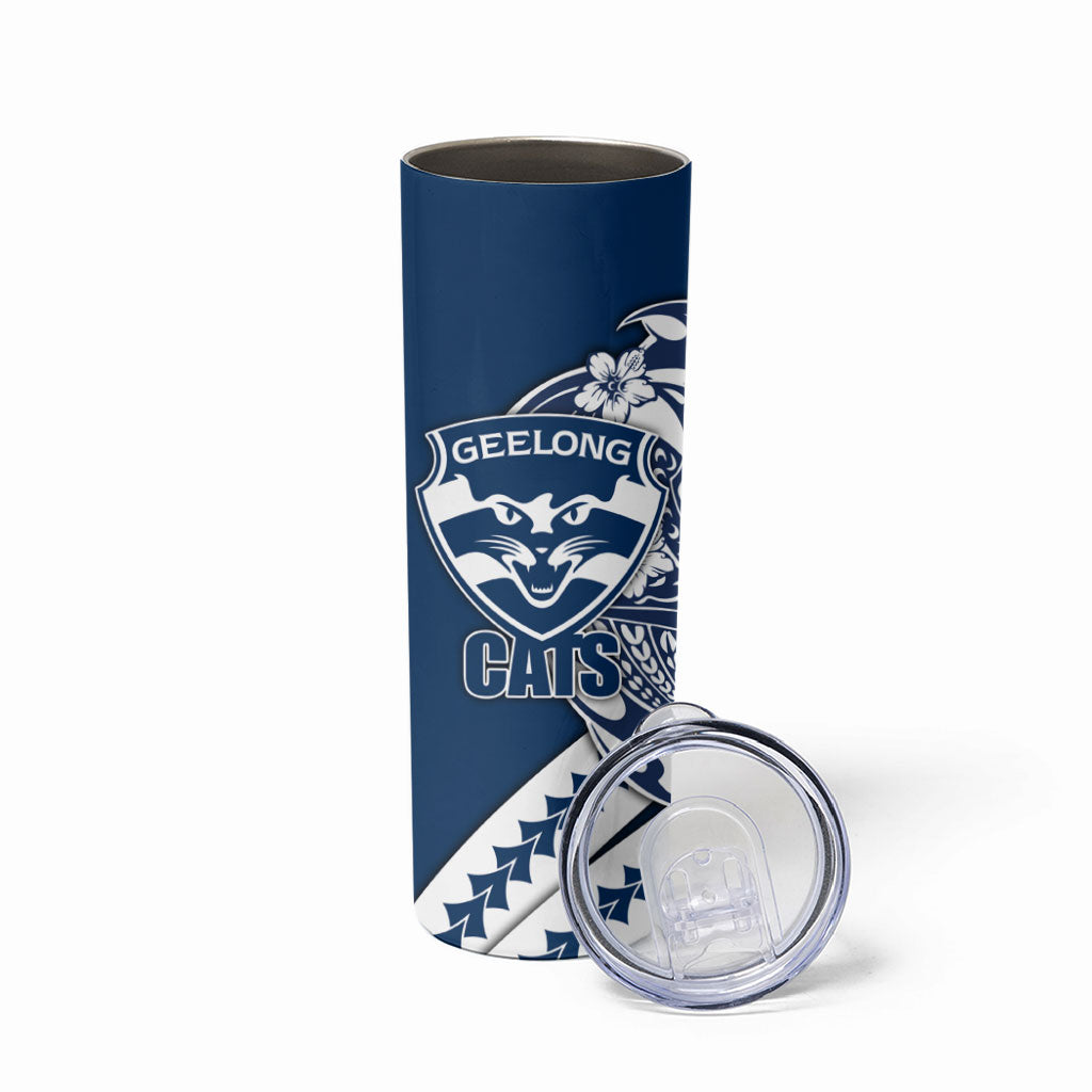 Personalized Geelong Cats Skinny Tumbler Polynesian Tribal Cat Mascot With Hibiscus Floral Art