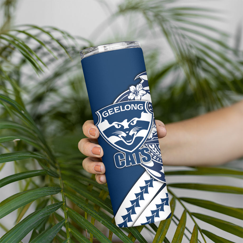 Personalized Geelong Cats Skinny Tumbler Polynesian Tribal Cat Mascot With Hibiscus Floral Art