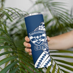 Personalized Geelong Cats Skinny Tumbler Polynesian Tribal Cat Mascot With Hibiscus Floral Art