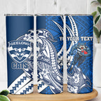 Personalized Geelong Cats Skinny Tumbler Polynesian Tribal Cat Mascot With Hibiscus Floral Art