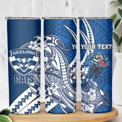 Personalized Geelong Cats Skinny Tumbler Polynesian Tribal Cat Mascot With Hibiscus Floral Art