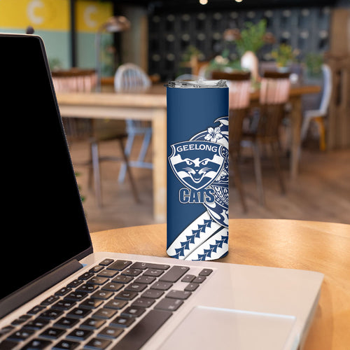 Personalized Geelong Cats Skinny Tumbler Polynesian Tribal Cat Mascot With Hibiscus Floral Art