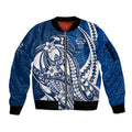 Personalized Geelong Cats Sleeve Zip Bomber Jacket Polynesian Tribal Cat Mascot With Hibiscus Floral Art
