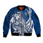 Personalized Geelong Cats Sleeve Zip Bomber Jacket Polynesian Tribal Cat Mascot With Hibiscus Floral Art