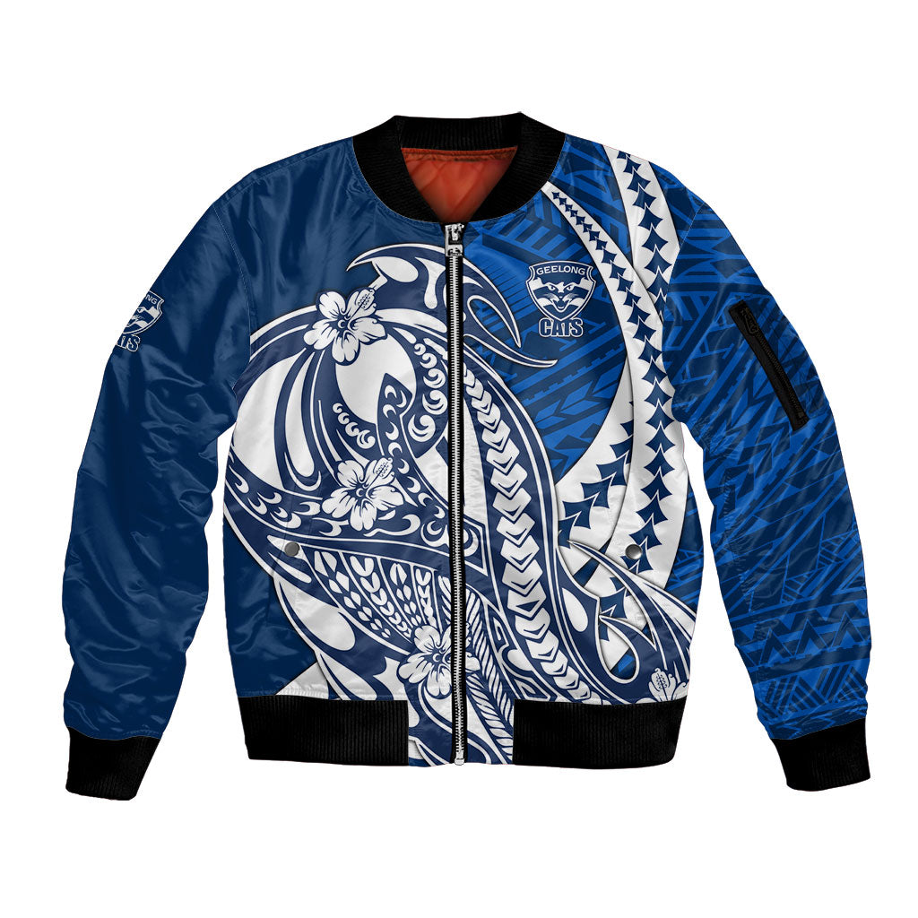 Personalized Geelong Cats Sleeve Zip Bomber Jacket Polynesian Tribal Cat Mascot With Hibiscus Floral Art