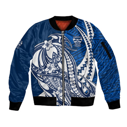 Personalized Geelong Cats Sleeve Zip Bomber Jacket Polynesian Tribal Cat Mascot With Hibiscus Floral Art
