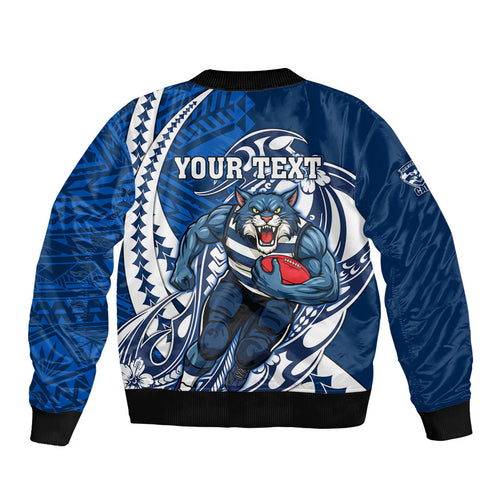 Personalized Geelong Cats Sleeve Zip Bomber Jacket Polynesian Tribal Cat Mascot With Hibiscus Floral Art