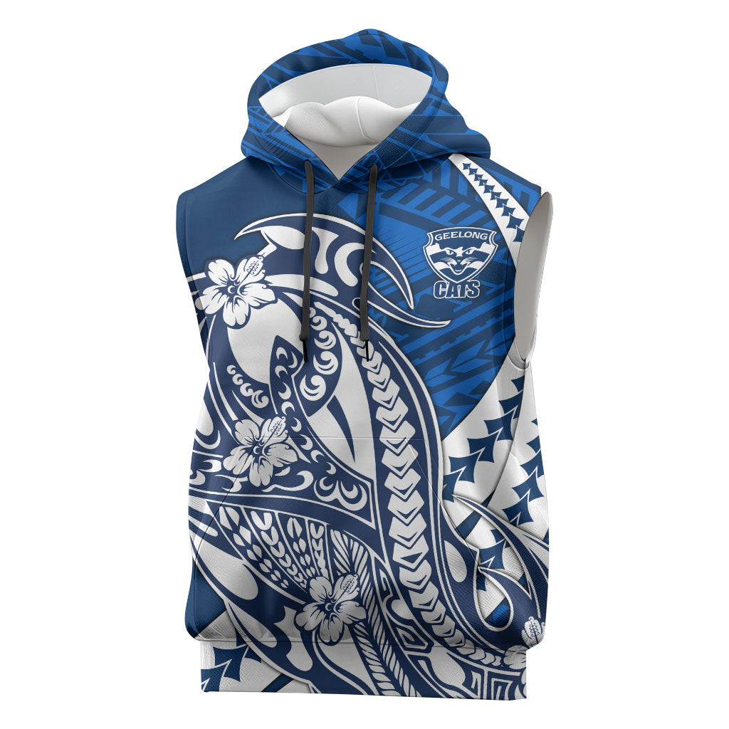 Personalized Geelong Cats Sleeveless Hoodie Polynesian Tribal Cat Mascot With Hibiscus Floral Art