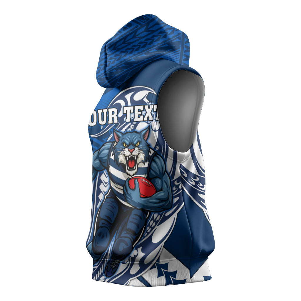 Personalized Geelong Cats Sleeveless Hoodie Polynesian Tribal Cat Mascot With Hibiscus Floral Art