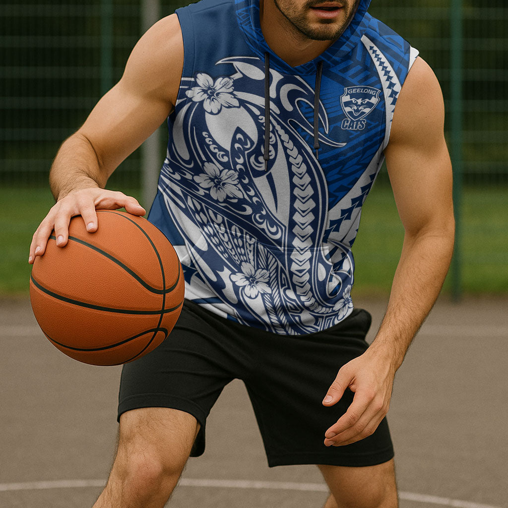 Personalized Geelong Cats Sleeveless Hoodie Polynesian Tribal Cat Mascot With Hibiscus Floral Art