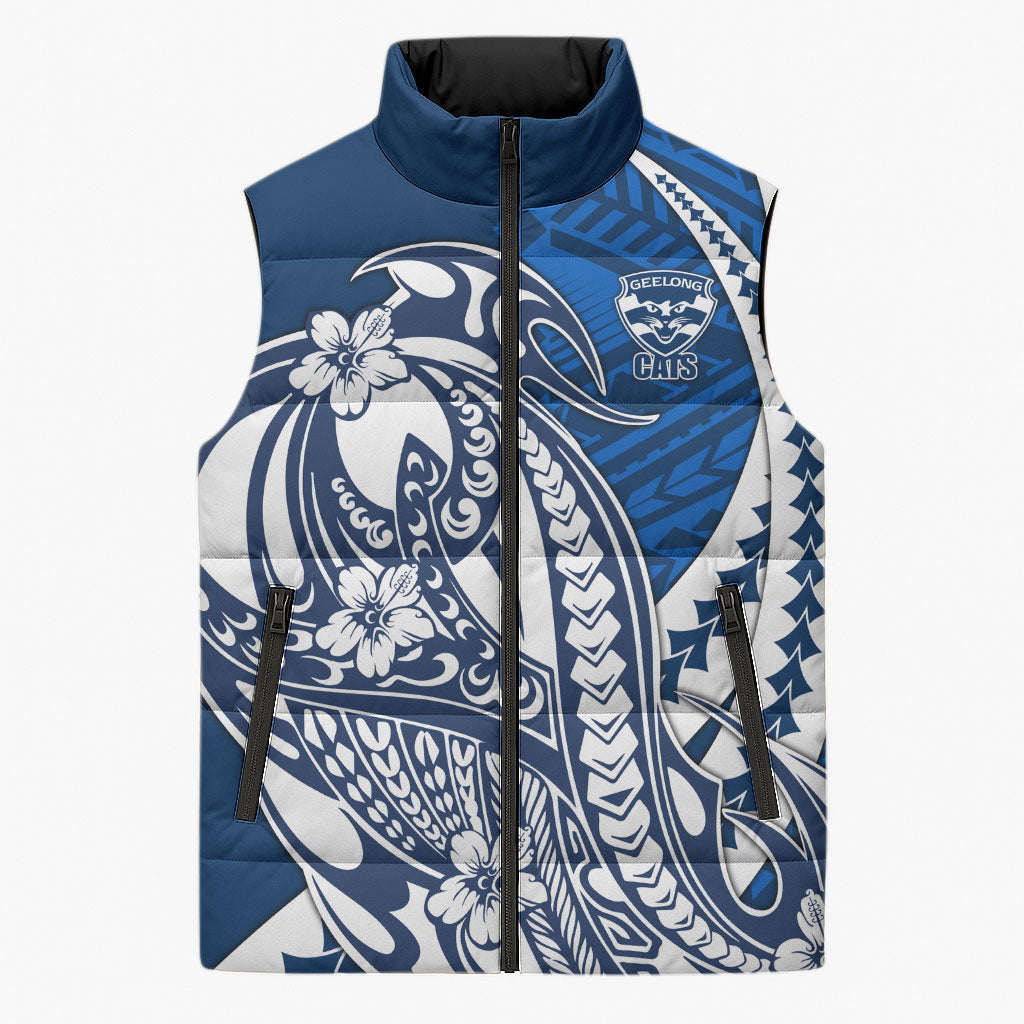 Personalized Geelong Cats Sleeveless Puffer Jacket Polynesian Tribal Cat Mascot With Hibiscus Floral Art