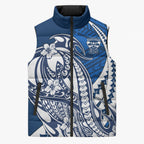 Personalized Geelong Cats Sleeveless Puffer Jacket Polynesian Tribal Cat Mascot With Hibiscus Floral Art
