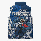 Personalized Geelong Cats Sleeveless Puffer Jacket Polynesian Tribal Cat Mascot With Hibiscus Floral Art