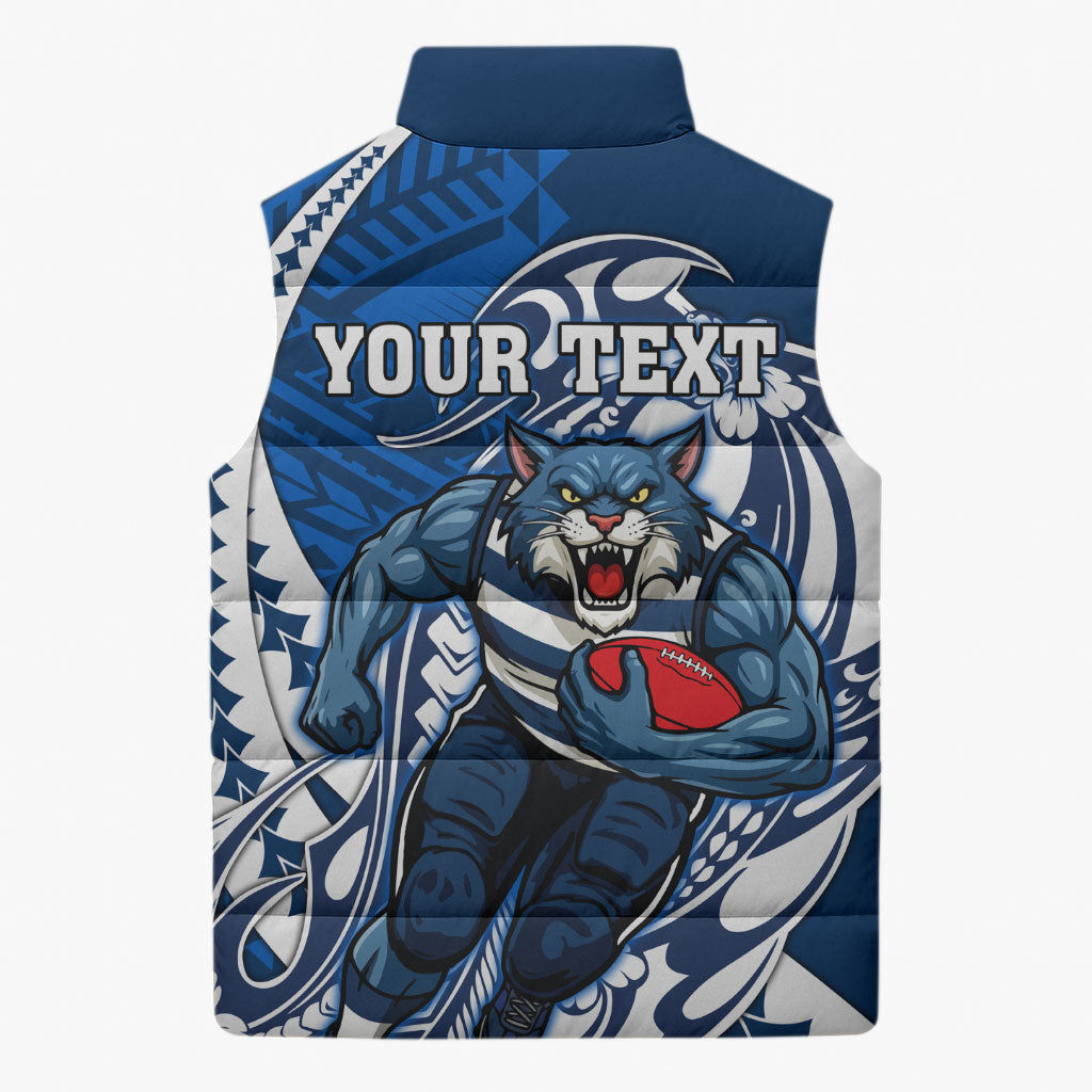 Personalized Geelong Cats Sleeveless Puffer Jacket Polynesian Tribal Cat Mascot With Hibiscus Floral Art