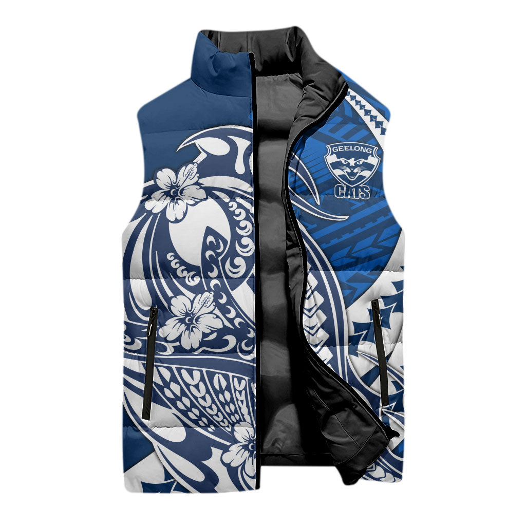 Personalized Geelong Cats Sleeveless Puffer Jacket Polynesian Tribal Cat Mascot With Hibiscus Floral Art