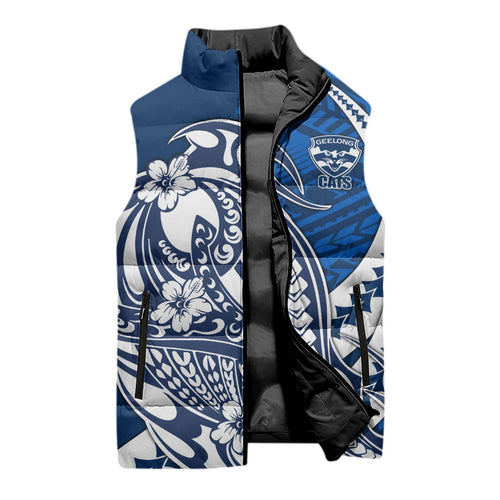 Personalized Geelong Cats Sleeveless Puffer Jacket Polynesian Tribal Cat Mascot With Hibiscus Floral Art