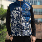 Personalized Geelong Cats Sleeveless Puffer Jacket Polynesian Tribal Cat Mascot With Hibiscus Floral Art